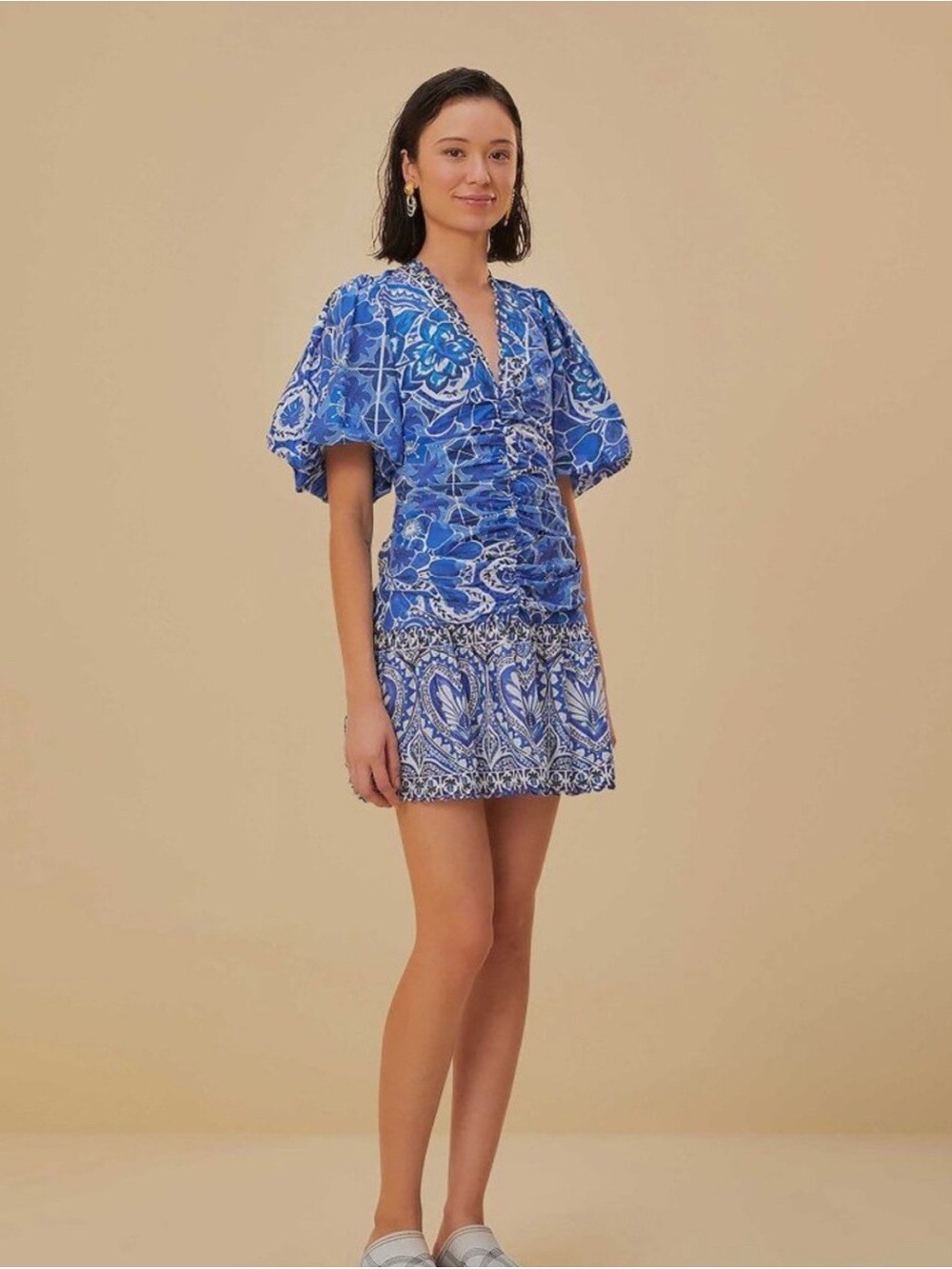 FARM Rio Blue Printed V-Neck Mini Dress